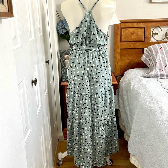 High neck racerback tiered sage green polka dot maxi dress NWT sizes M, L - Picture 9 of 10
